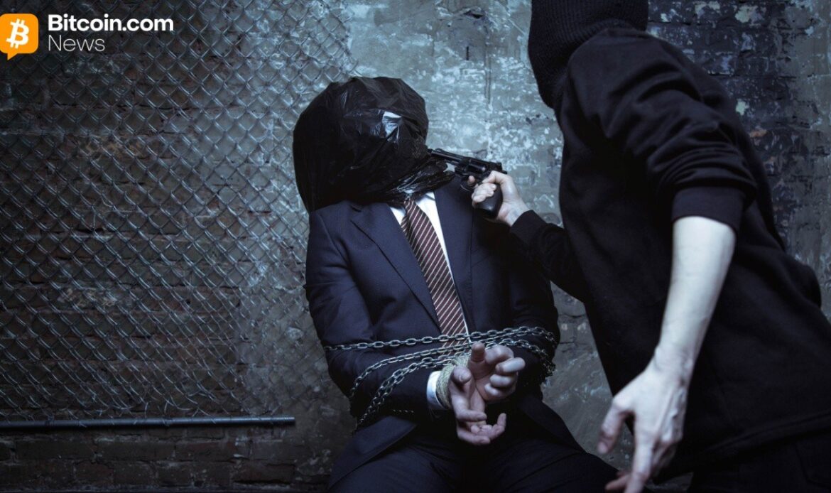 Dramatic news illustration of a business executive in a dark suit with a black hood tied over his head by captors.