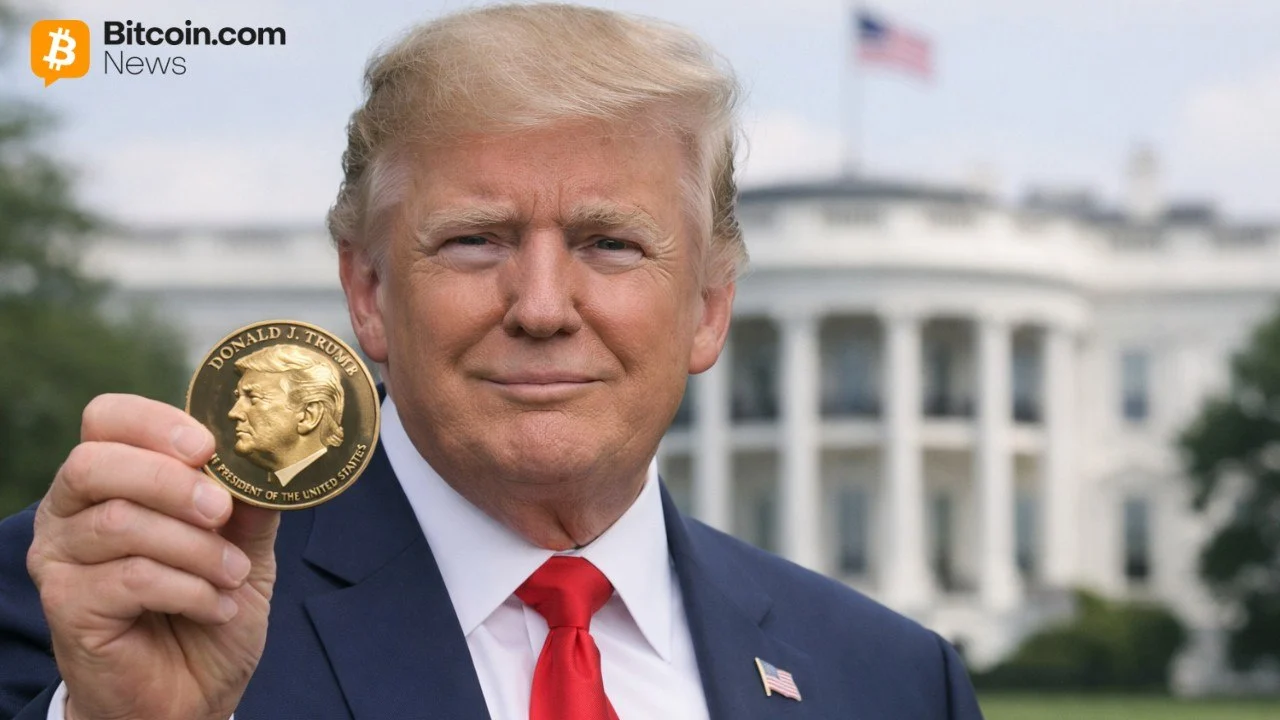 A portrait photo of Donald Trump smiling slightly, with the pillars of the US White House building visible in the background.