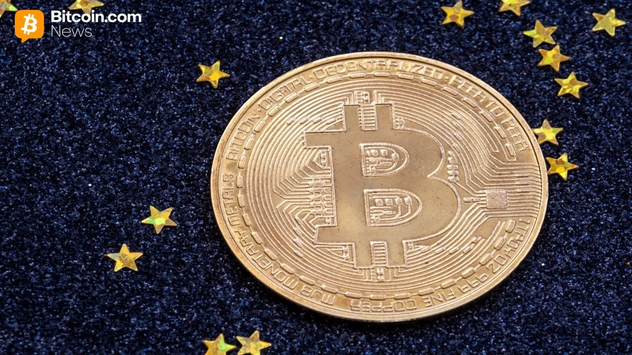 A pristine close-up shot of a physical golden Bitcoin token set against a dark starry sky backdrop.