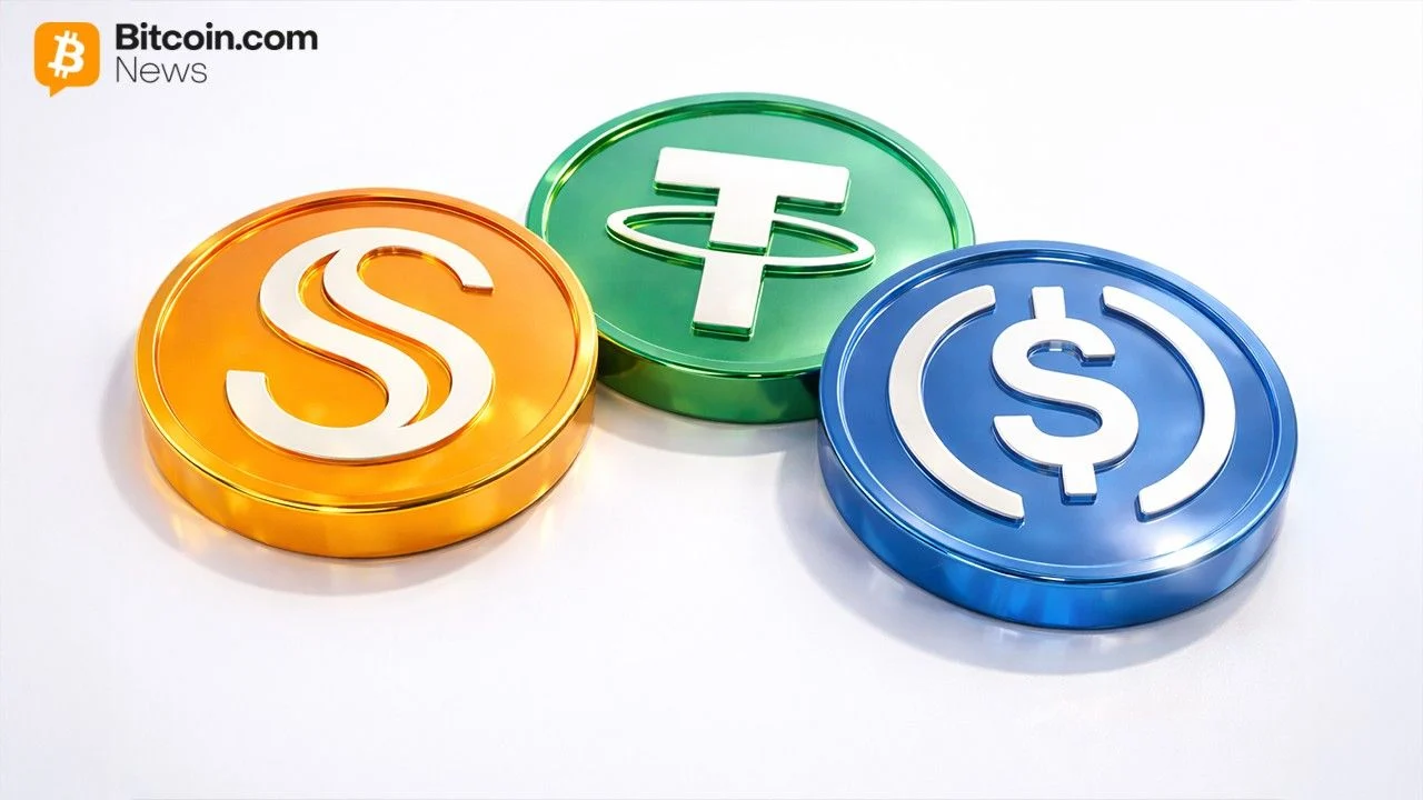 Multiple physical metallic coins displaying the branding symbols for Tether, USD Coin, and popular fiat stablecoins.