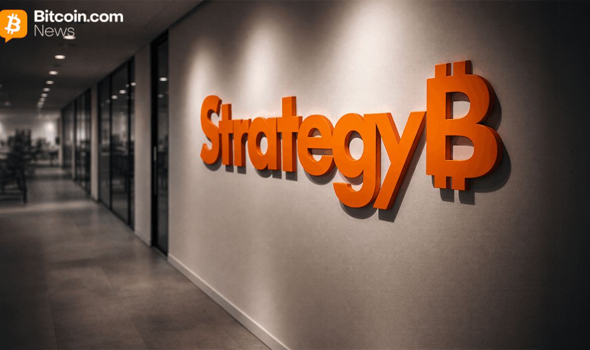 A long corporate hallway wall featuring a large, distinct bright orange text sign reading Strategy.