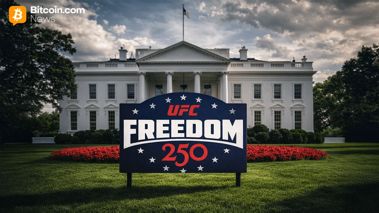 Low-angle shot of the historic white architecture of the US White House under a cloudy sky with a UFC Freedom badge in front.