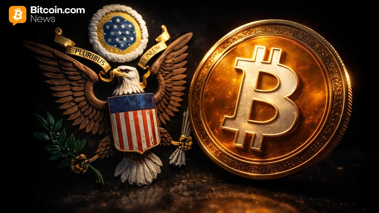 Close-up of a golden US federal seal side-by-side with a physical brass Bitcoin coin under warm lighting.