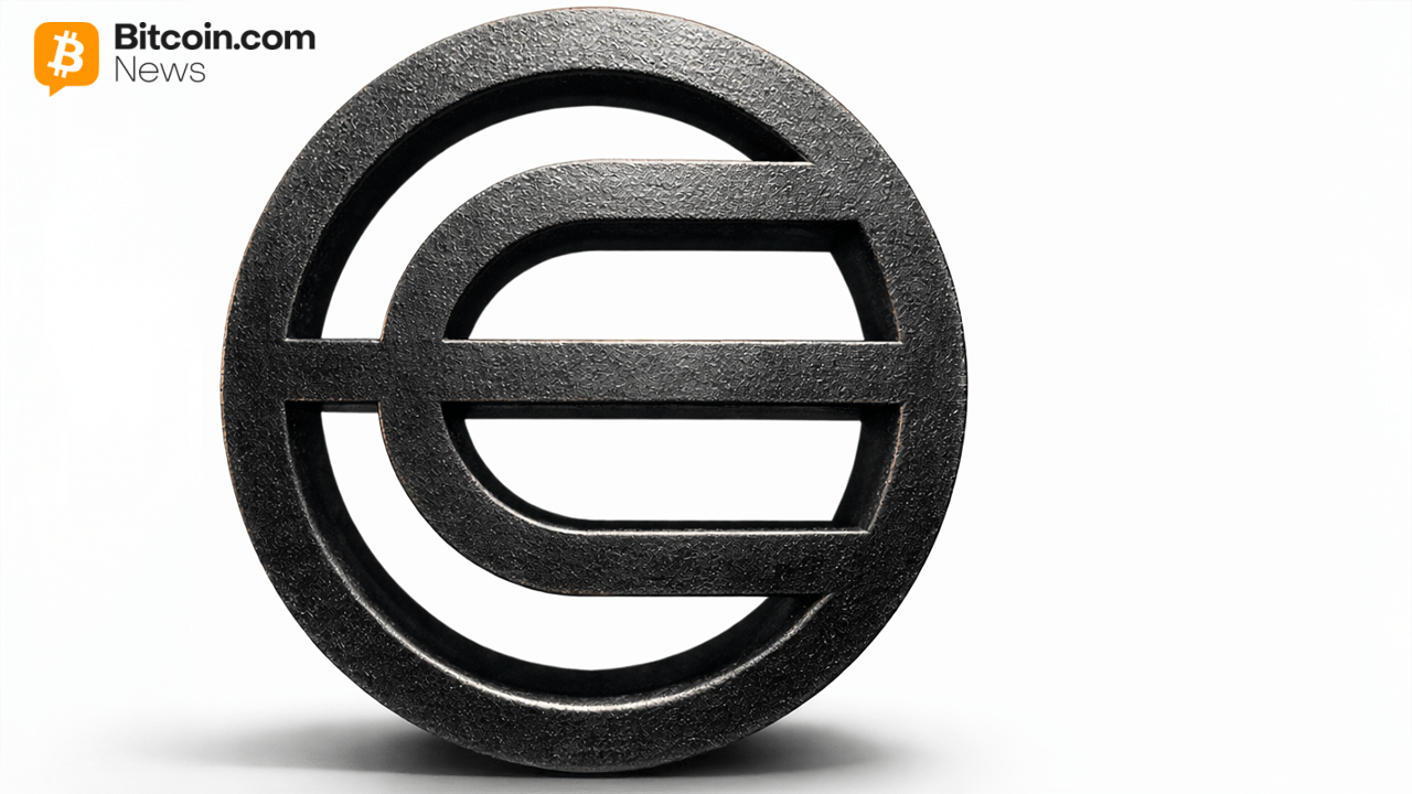 Close-up of a sleek, dark circular black metallic Worldcoin corporate logo symbol on a plain background.