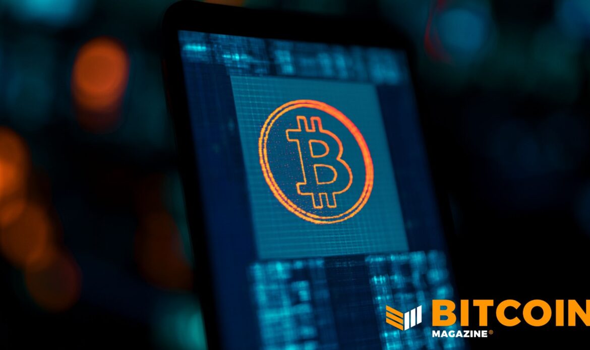 A clean orange circular Bitcoin symbol displayed on a dark smartphone screen layout interface.