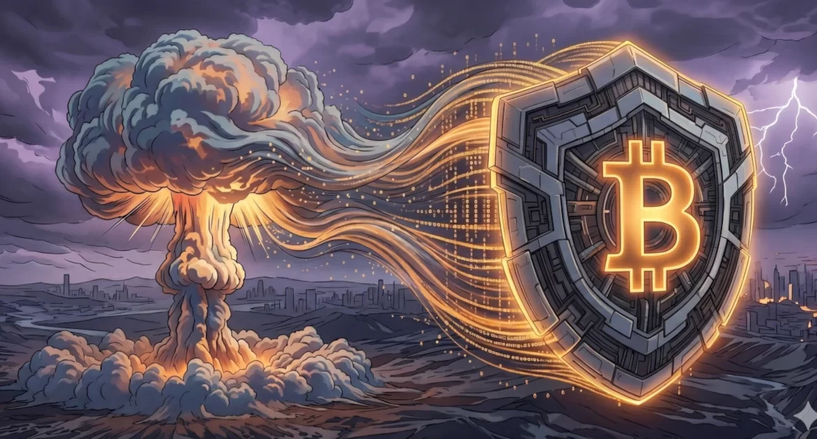 Abstract digital energy lines flowing from a massive nuclear explosion toward a metallic shield icon.