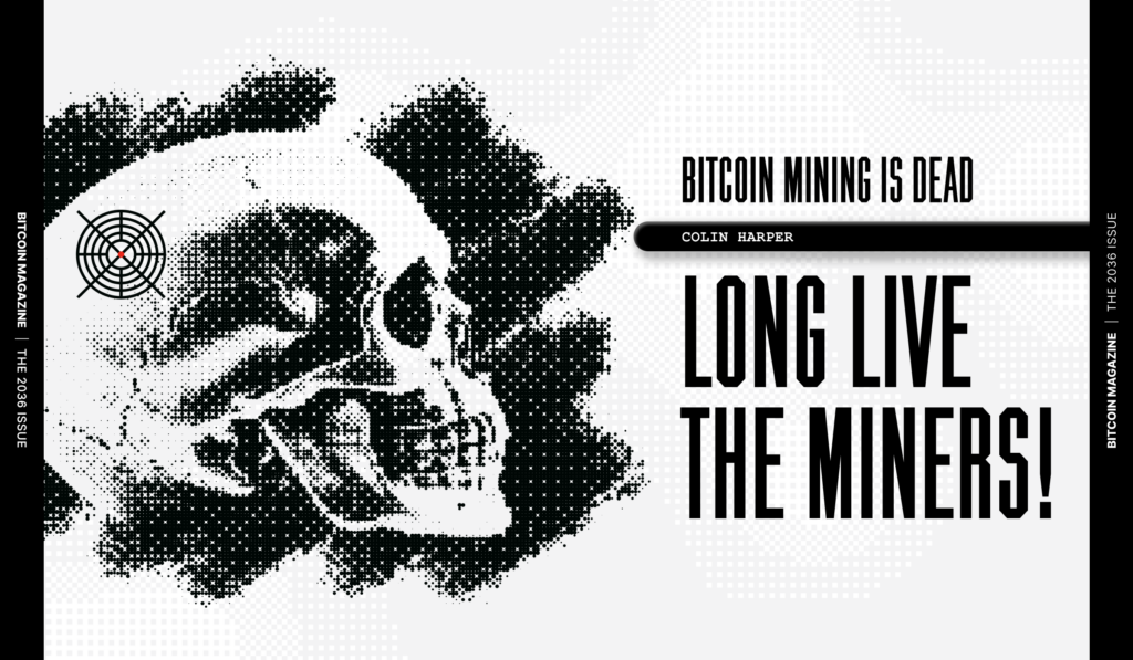 Halftone grunge black and white graphic showing a stylized human skull next to a text block reading Bitcoin Mining is Green.