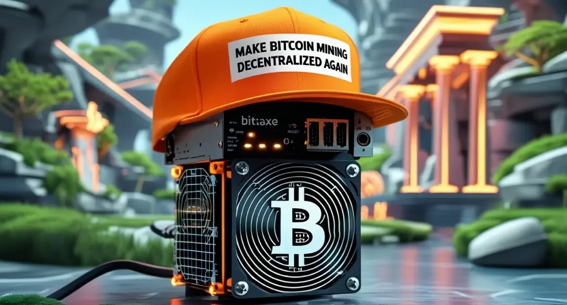 A small black desktop crypto miner wearing a bright orange hat reading Make Bitcoin Mining Decentralized Again.