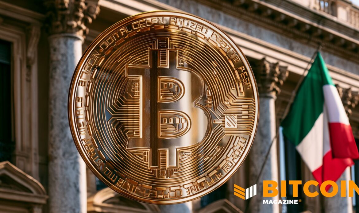 Close-up texture view of a golden Bitcoin coin superimposed over a classical European banking pillars facade.