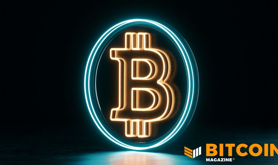 Glowing orange neon Bitcoin symbol encased in concentric circular neon lights against a pitch-black background.