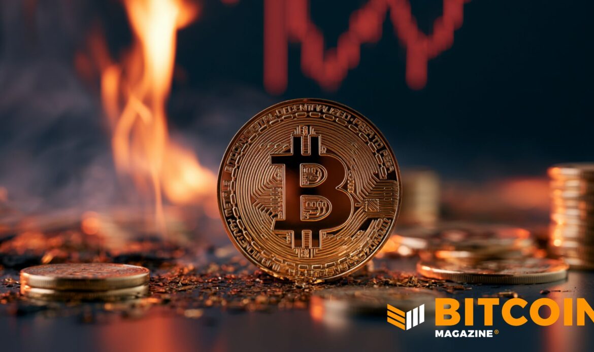 A dark metallic Bitcoin token framed by bright fiery flames and an orange stock market ticker chart.