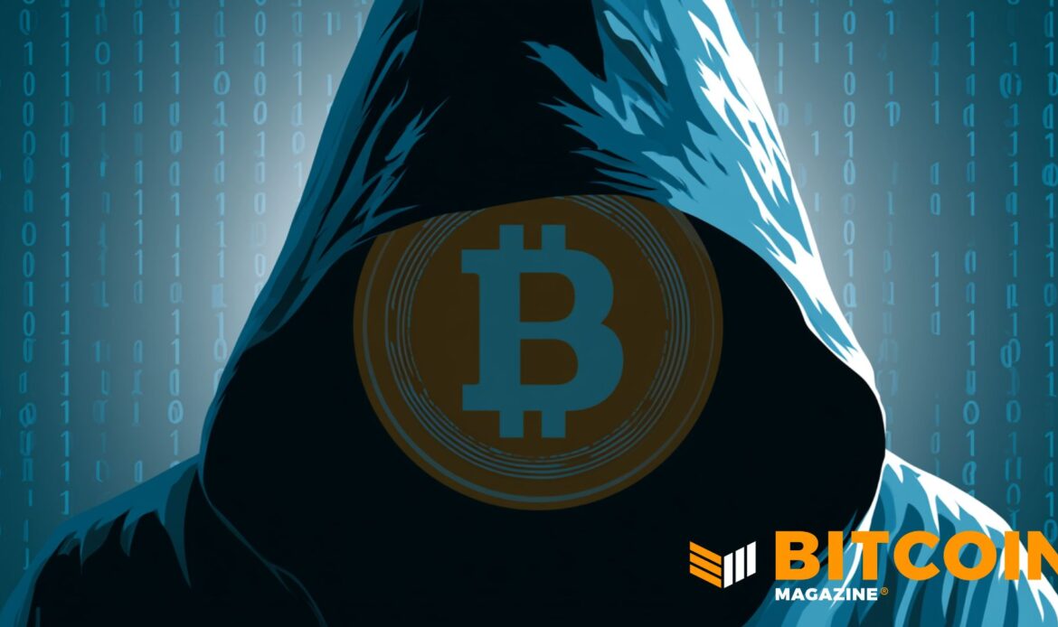 Illustration of a hooded figure with a large glowing blue Bitcoin icon covering the face area.
