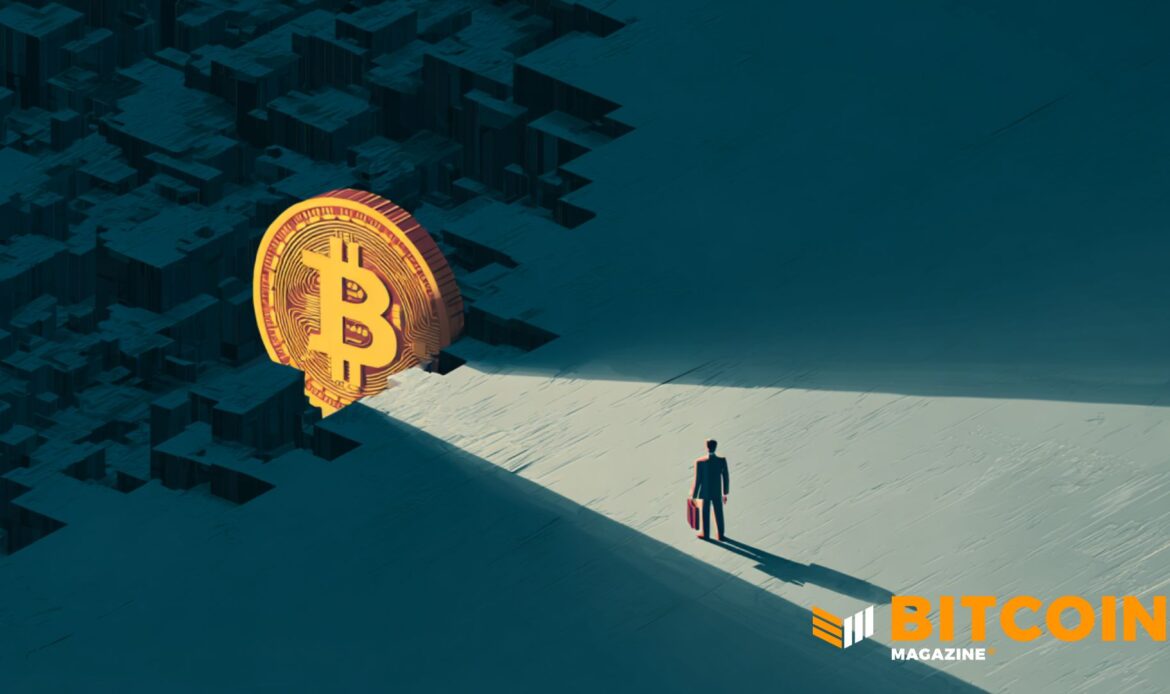 3D digital rendering of a physical golden Bitcoin coin resting on a dark architectural surface.