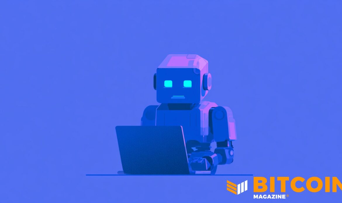 Minimalist 3D digital artwork of a blue pixelated robot character standing against a solid dark violet background.