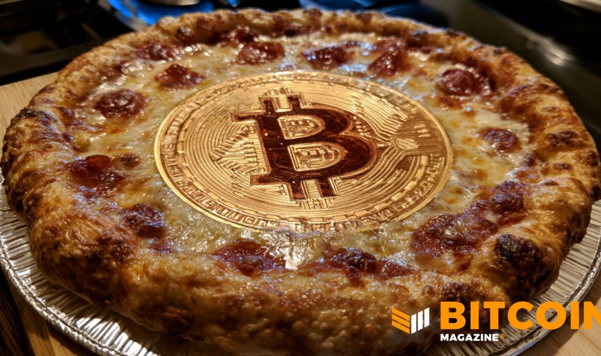 A freshly baked pepperoni pizza with a large, distinct Bitcoin symbol baked into the center of the cheese.