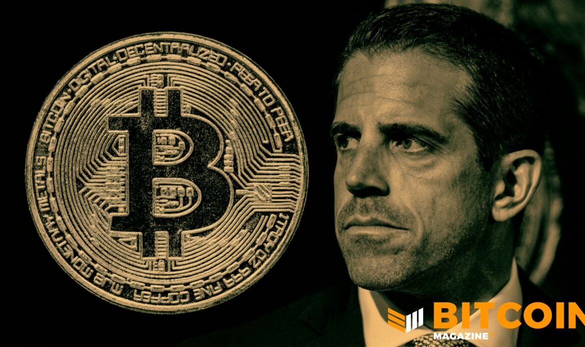 Split-screen graphic showing a detailed gold Bitcoin token on the left side and a stark close-up portrait of Hunter Biden on the right.