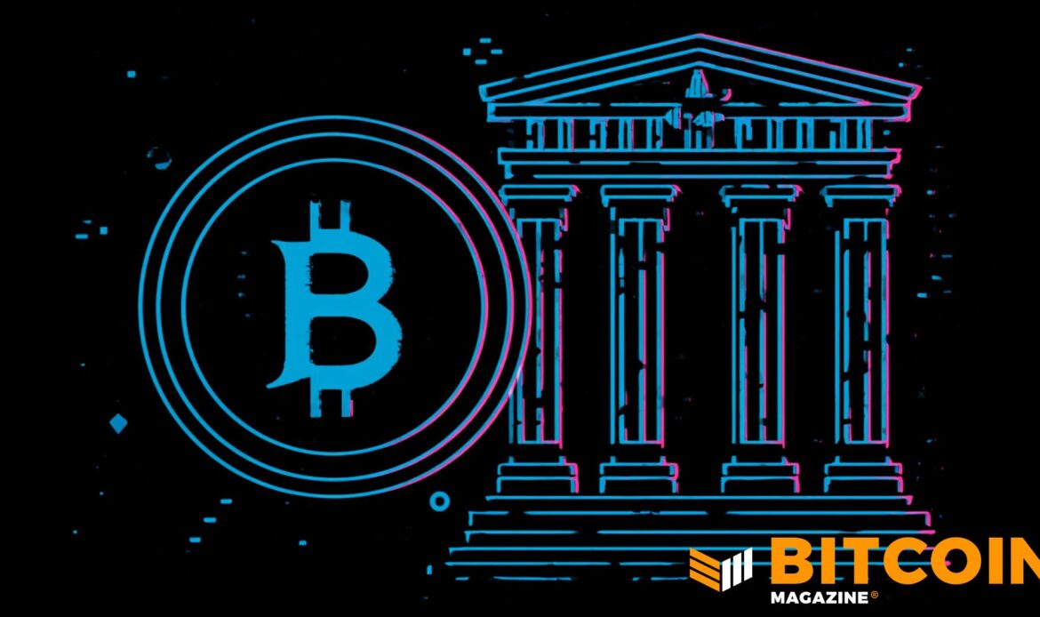 Glowing light-blue neon letter B icon positioned in front of a classical line-art sketch of a grand Roman bank building.
