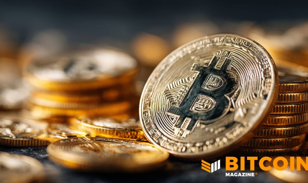 A glowing golden Bitcoin coin resting in focus on top of a blurry pile of countless other gold coins.
