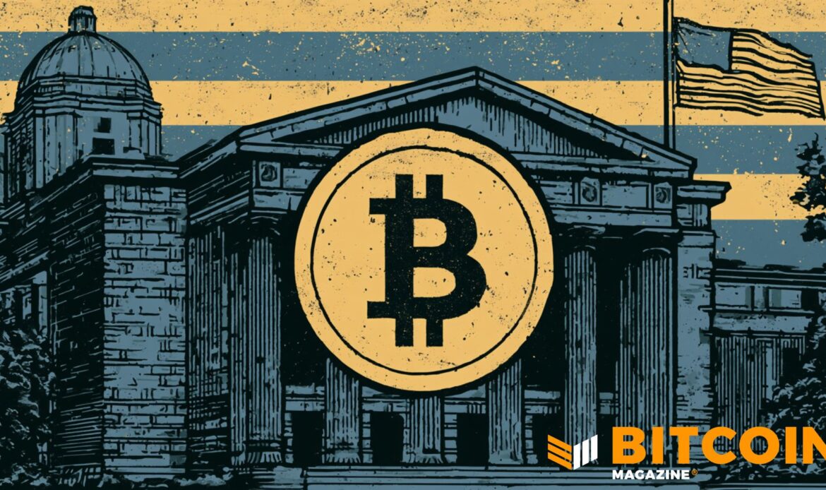 A golden Bitcoin coin superimposed over a textured, vintage-style sketch of a classical municipal court building facade.