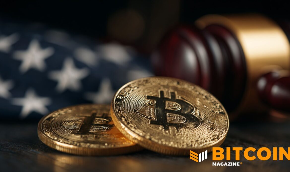 Close-up of a physical Bitcoin coin resting near an out-of-focus wooden judge’s gavel and an American flag.