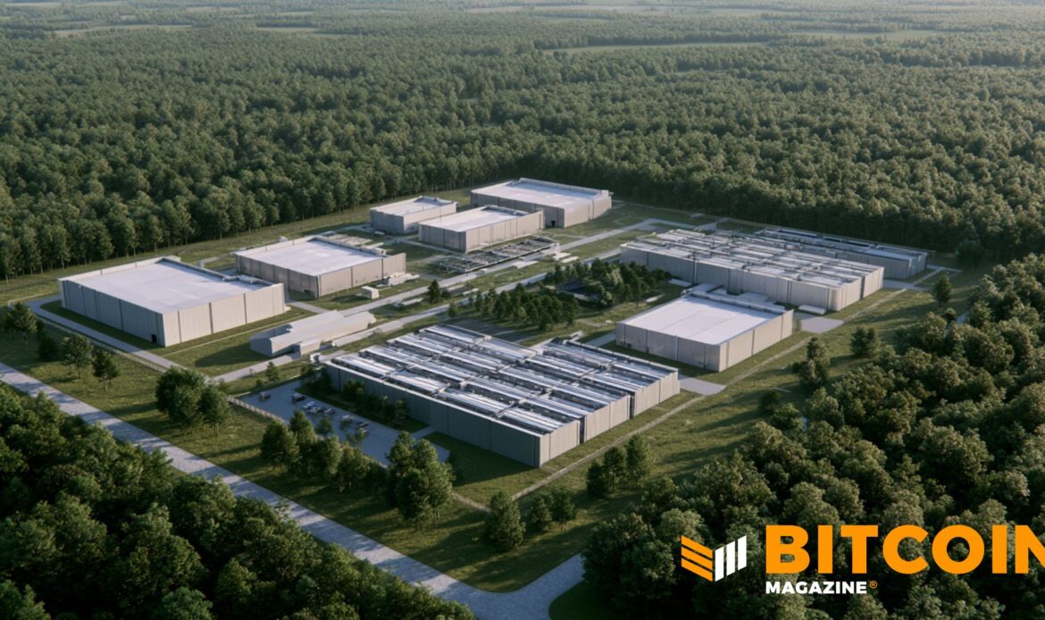 Aerial photography looking down at rows of modern, long white industrial data center warehouses surrounded by forest trees.