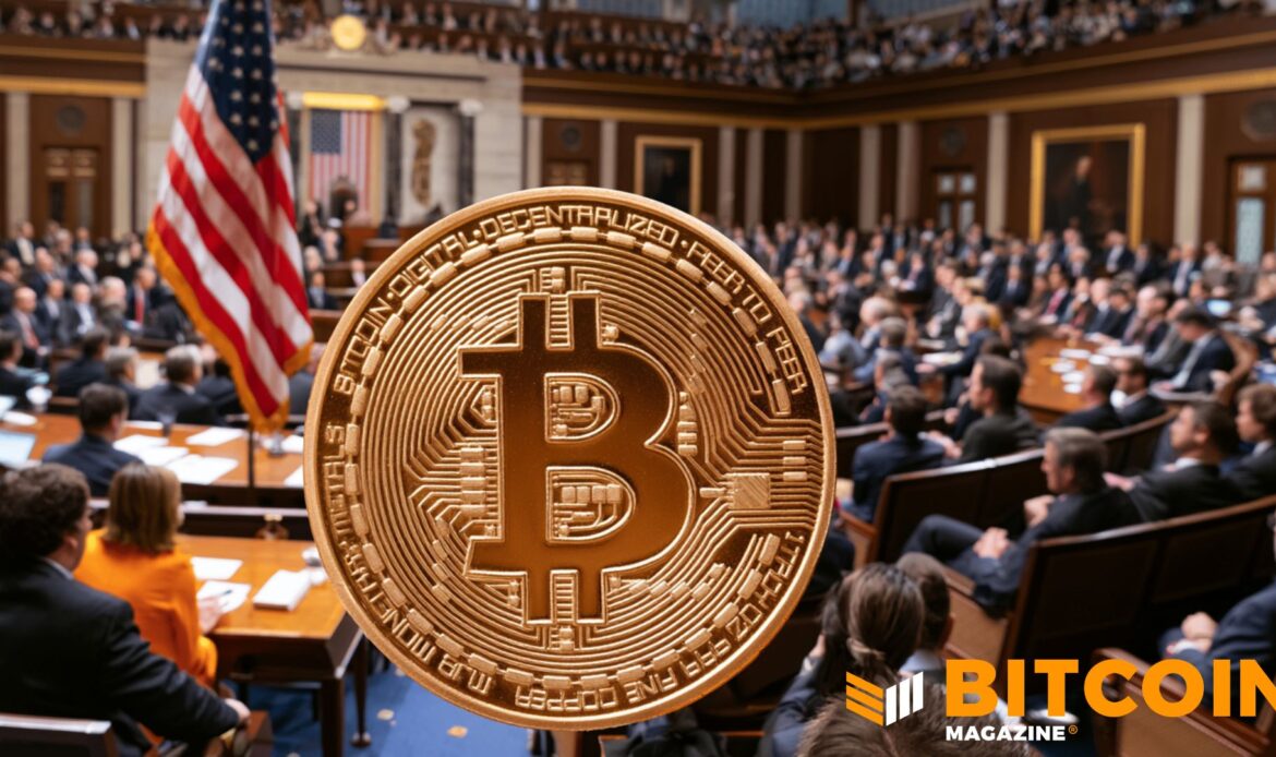 Large physical copper-colored Bitcoin coin superimposed over a wide photo of an active US congressional hearing room.