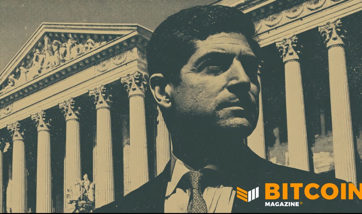 Monochromatic halftone art portrait of Kevin Warsh next to traditional Greek banking architecture pillars.