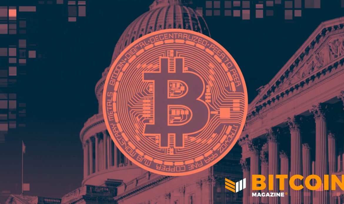 A stylized bright pink-orange circular Bitcoin icon overlaying a dark silhouette of the United States Capitol dome.