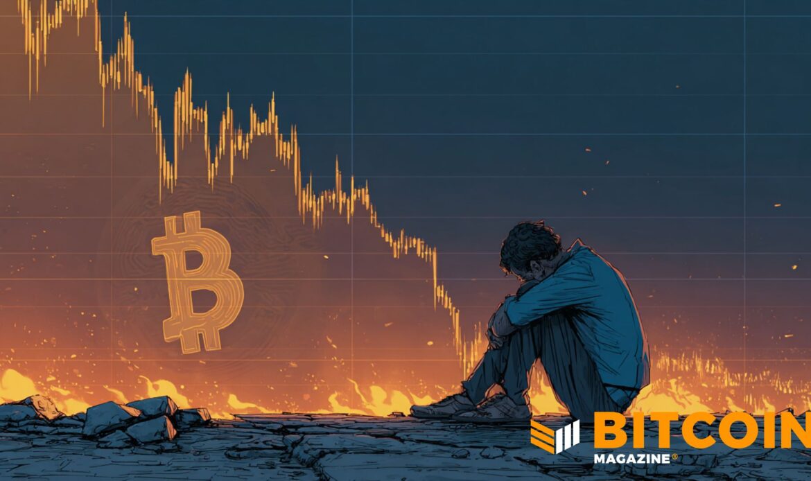 Minimalist blue illustration of a depressed investor sitting under a steep, dropping yellow line graph with a small Bitcoin icon.