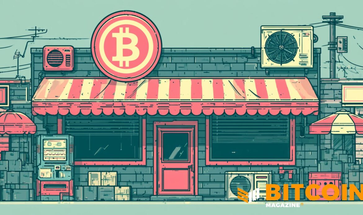Vintage halftone comic illustration of a storefront building with a red and white circular Bitcoin logo sign on the roof.
