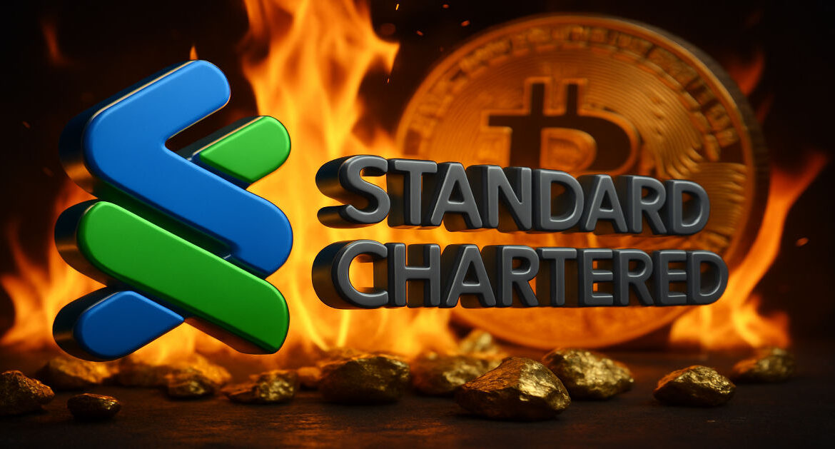 Close-up of the blue and green Standard Chartered logo layered with roaring fiery bright orange flames.