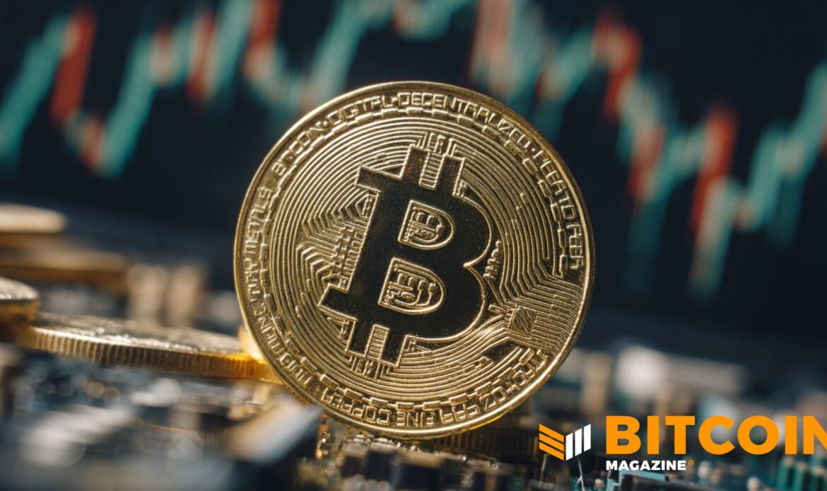 Highly detailed physical golden Bitcoin coin positioned against a blurry orange and blue financial stock ticker line.