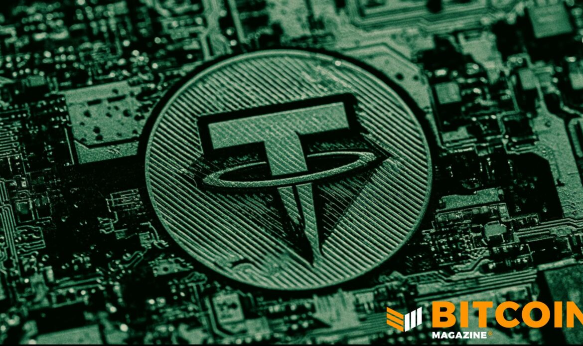 Close-up of a glowing green computer circuit board displaying a large, embossed geometric Tether logo symbol.