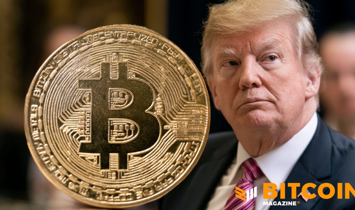 Split image featuring a golden Bitcoin coin on the left and a close-up portrait of Donald Trump looking forward on the right.