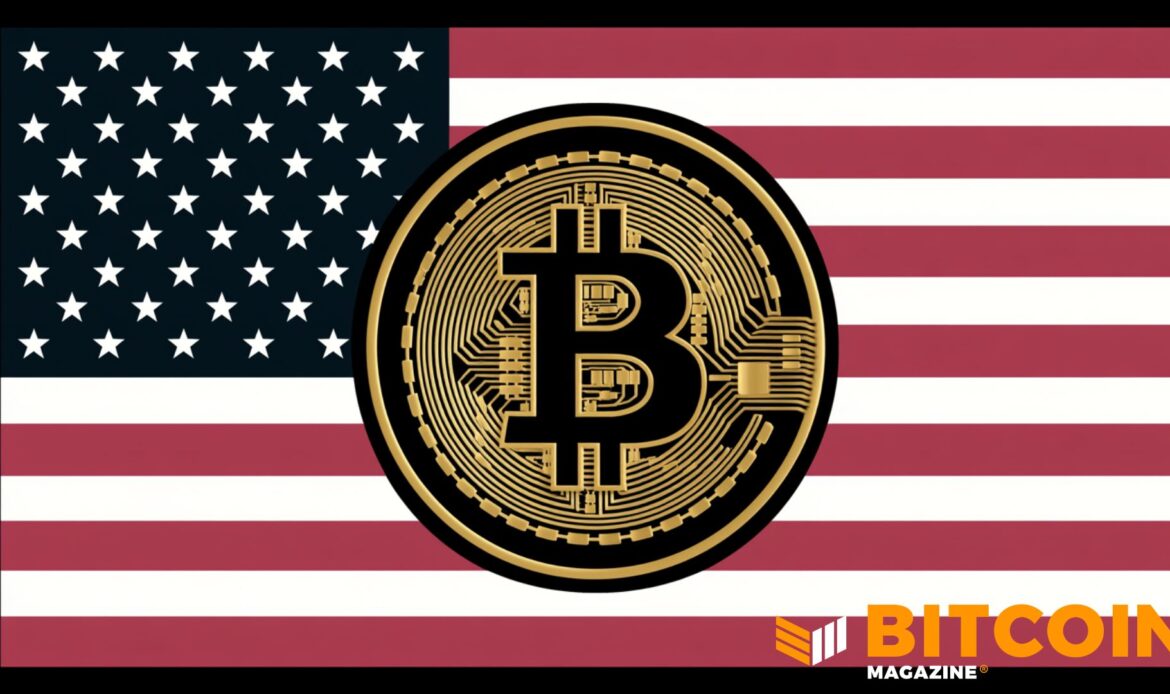 A prominent golden Bitcoin coin centered perfectly over the red and white stripes of an American flag graphic.