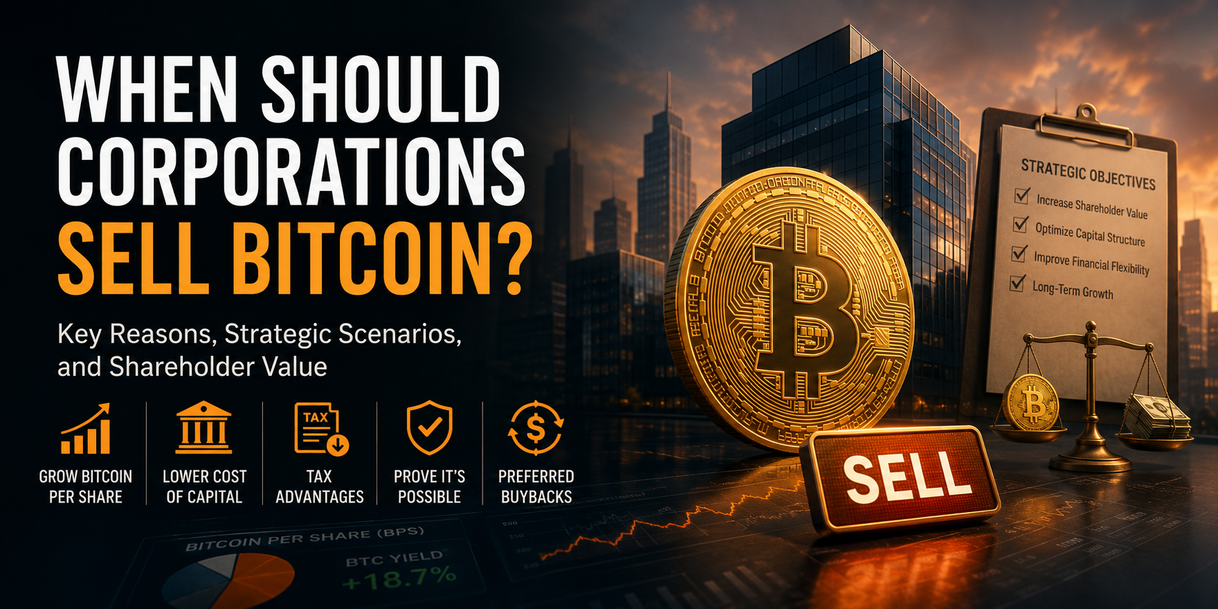 A massive golden Bitcoin coin standing on a dark ledge overlooking a moody, fog-covered metropolitan cityscape.