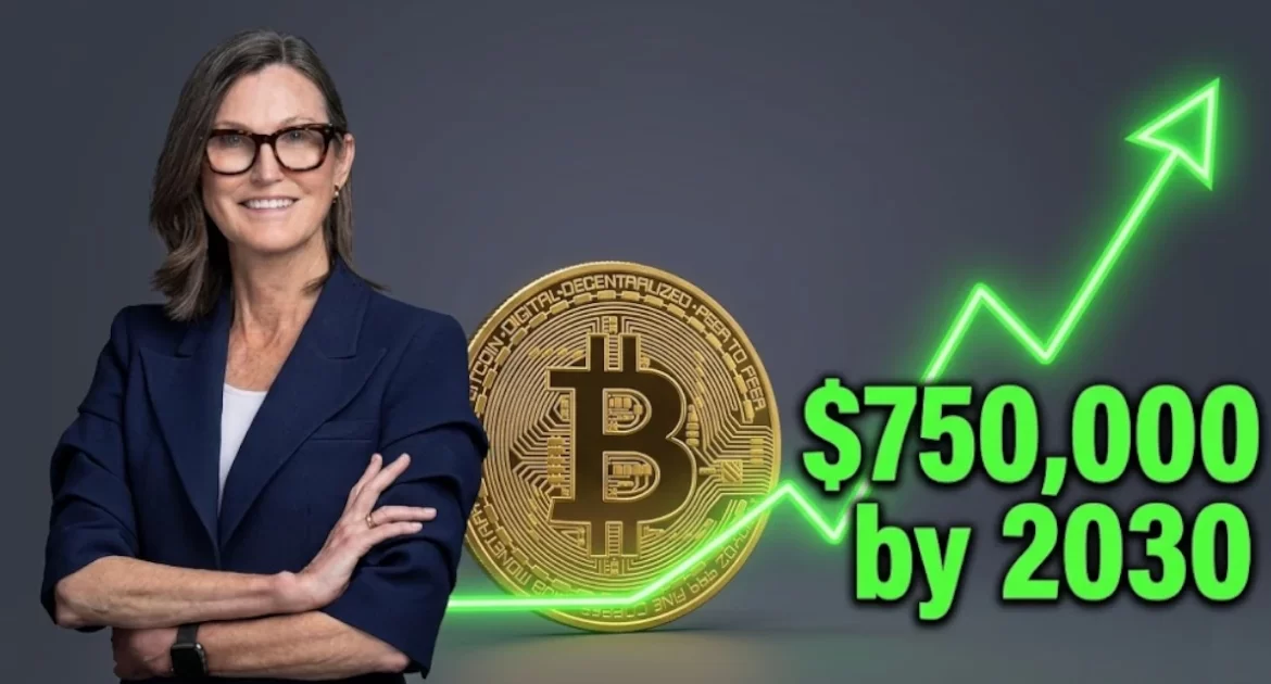 Golden Bitcoin token set against a rising green arrow chart with a large green label stating $75k by.
