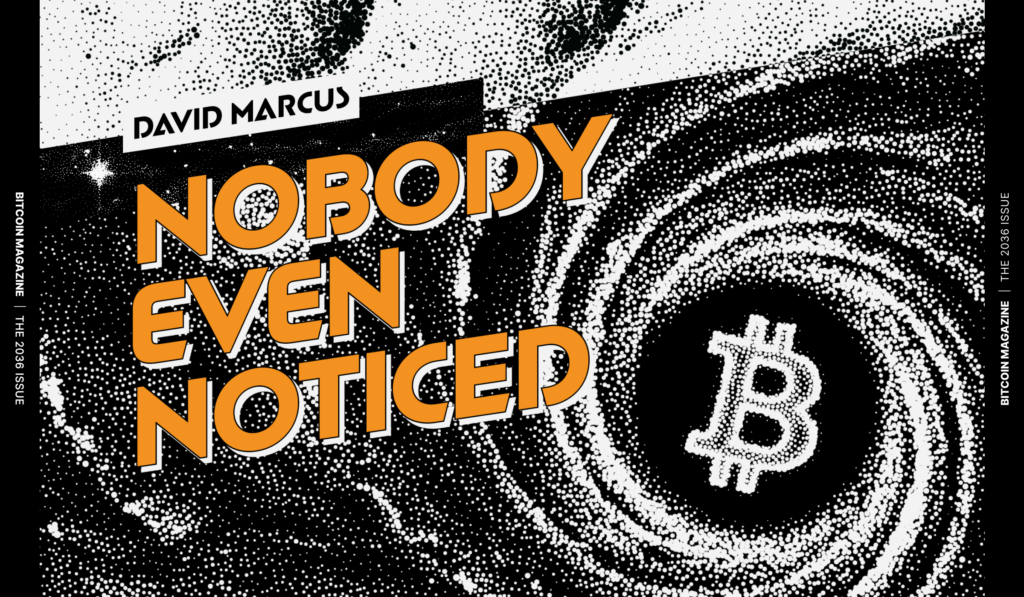 Retro dotted halftone graphic of a spiral vortex leading to a Bitcoin symbol with text reading Nobody Even Noticed by David Marcus.