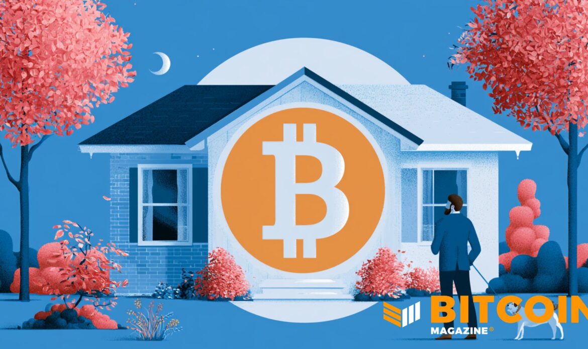 Flat illustration of a man and a dog looking at a house with a large golden Bitcoin logo on the front wall.