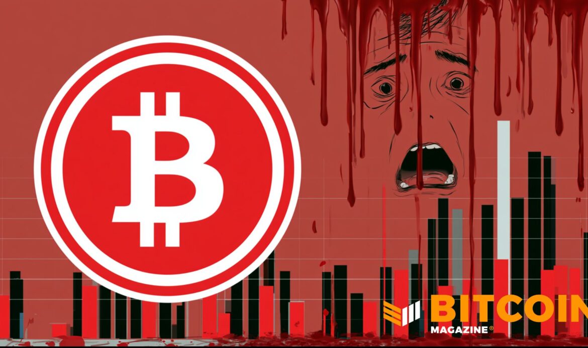 Red Bitcoin logo next to a panicking face outline and bleeding price bars, illustrating a severe market crash.