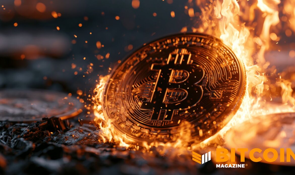 A physical gold Bitcoin token engulfed in bright flames and sparks, sitting on dark ash to symbolize a crypto market crash.