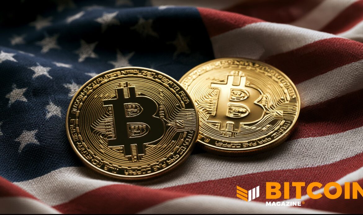 Two shining golden Bitcoin coins sitting on top of a wrinkled, fabric American flag.