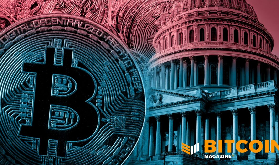 Close-up view of a physical Bitcoin coin superimposed over a red-tinted graphic of the United States Capitol dome.