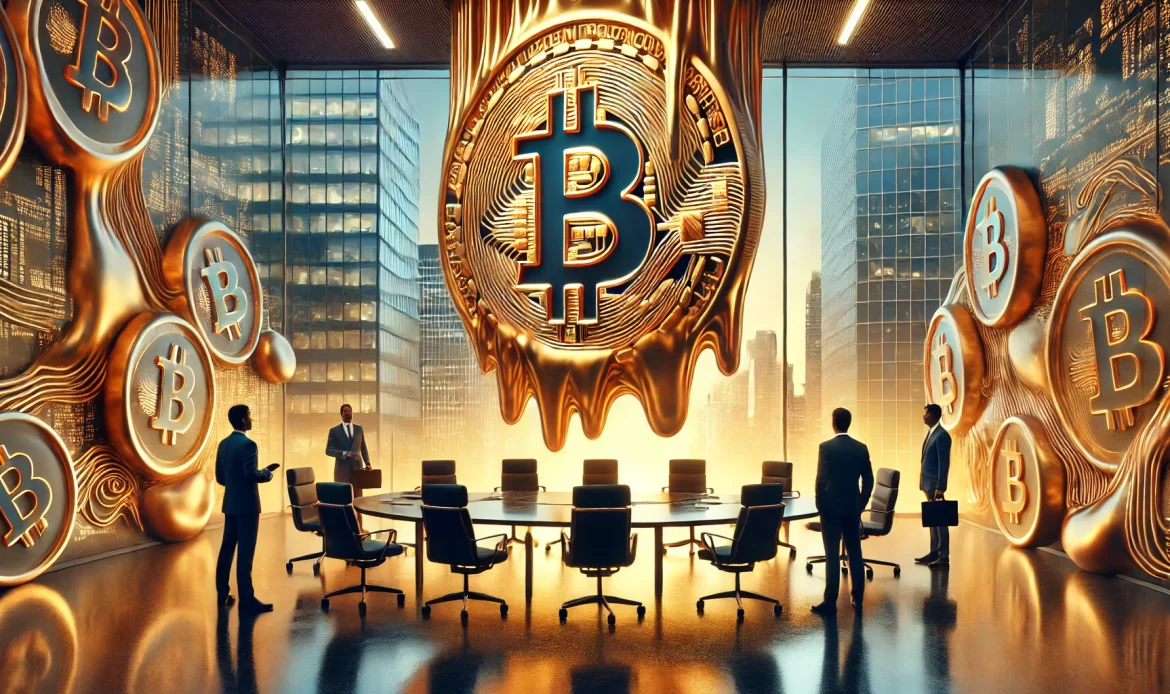 Surreal Bitcoin coin displayed in a modern financial district