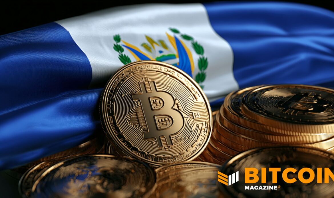 Bitcoin coin placed in front of the El Salvador national flag