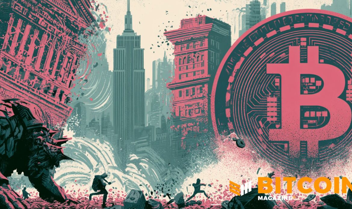 Comic illustration of a giant red Bitcoin coin crashing into a city with a monster and panicking people.