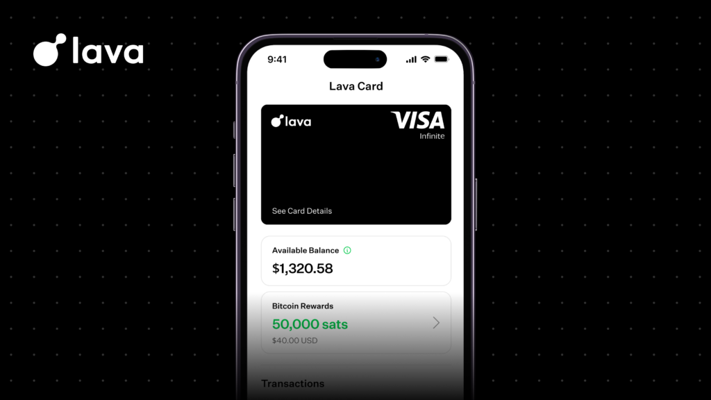 A sleek smartphone screen displaying the black Lava Card Visa interface over a dark stardust background.