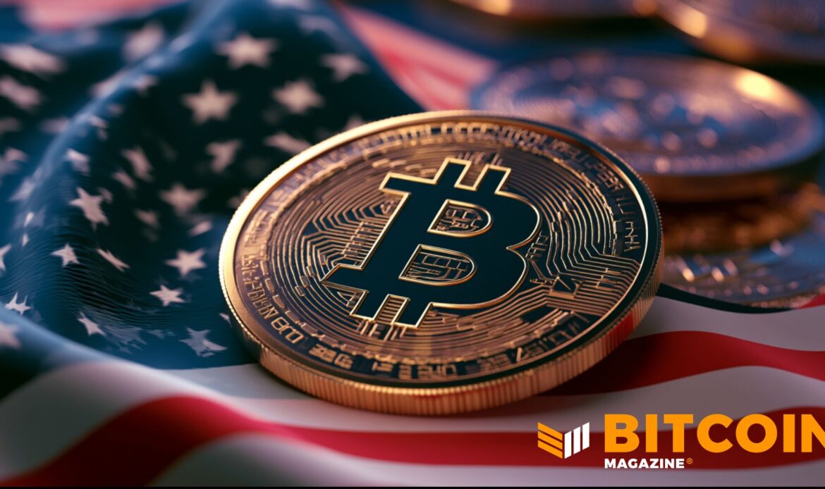 Close-up of a physical golden Bitcoin coin resting against a dark American flag background.
