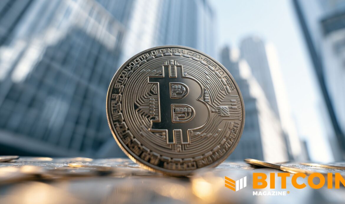 A dark, metallic physical Bitcoin coin placed vertically against a blurry modern skyscraper background.