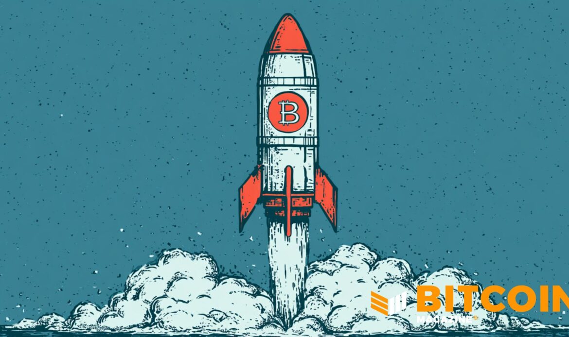 Rocket carrying Bitcoin symbol representing rapid corporate adoption